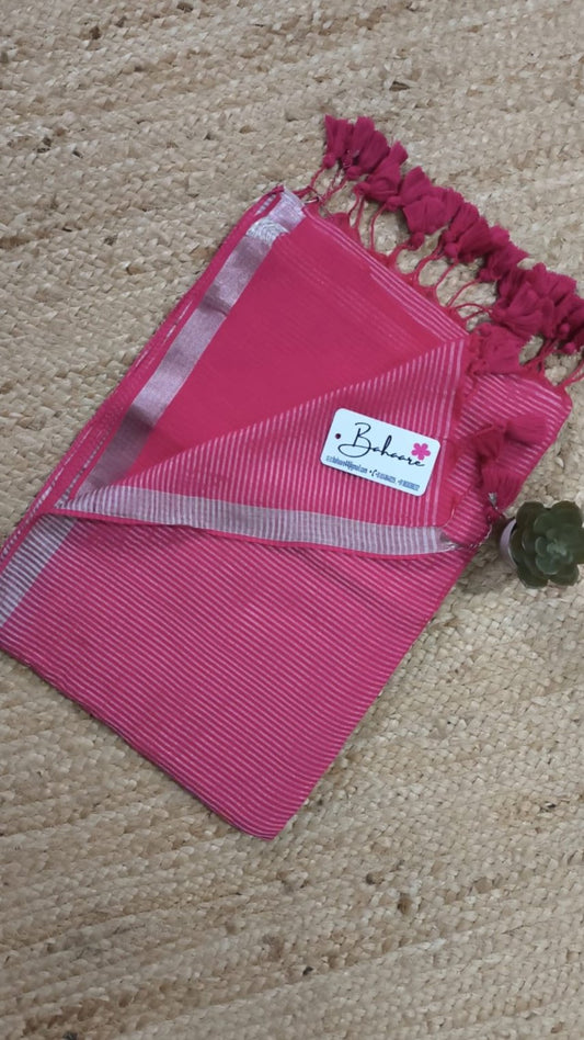 Cotton Galleria | Fuchsia Pink Premium Cotton Saree with Matka Stripe