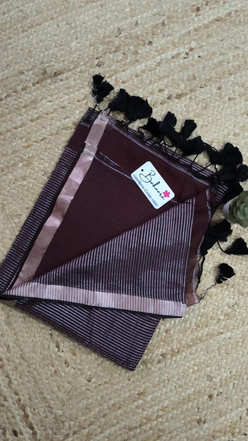 Cotton Galleria | Dark Maroon Premium Cotton Saree with Matka Stripe