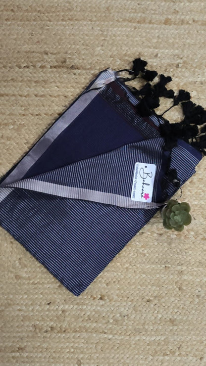 Cotton Galleria | Denim Blue Premium Cotton Saree with Matka Stripe