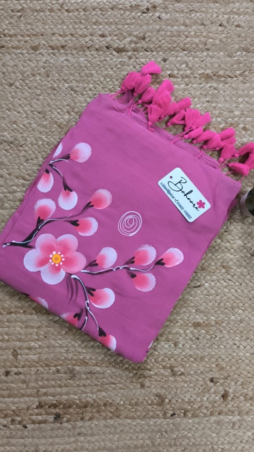 Exotic Cheery Blossom | Neon Pink Mul Mul Cotton Saree