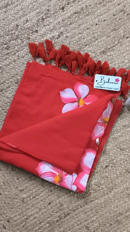 Exotic Sakura | Vermillion Red Mul Mul Cotton Saree