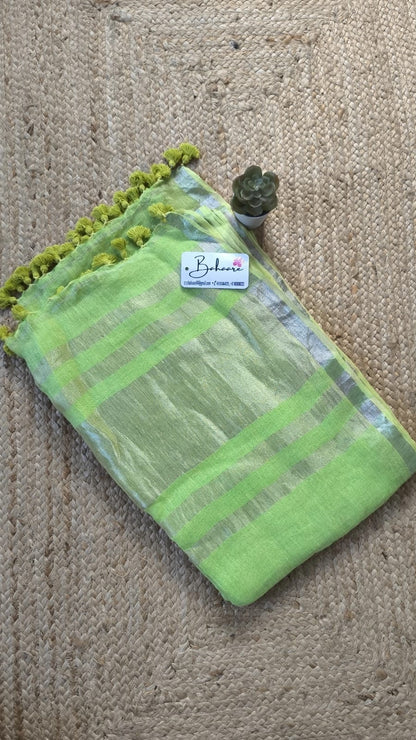 Woodland Whispers | Lime Green Linen Saree with Silver Zari Border