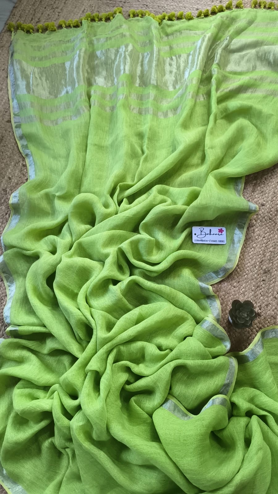 Woodland Whispers | Lime Green Linen Saree with Silver Zari Border