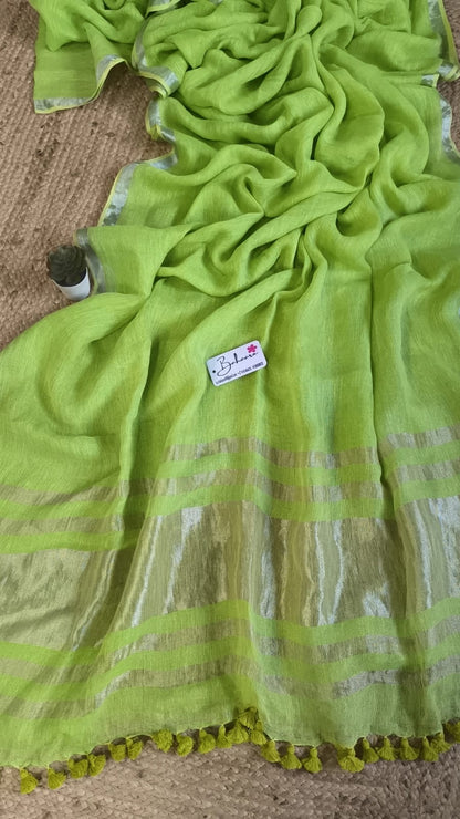 Woodland Whispers | Lime Green Linen Saree with Silver Zari Border