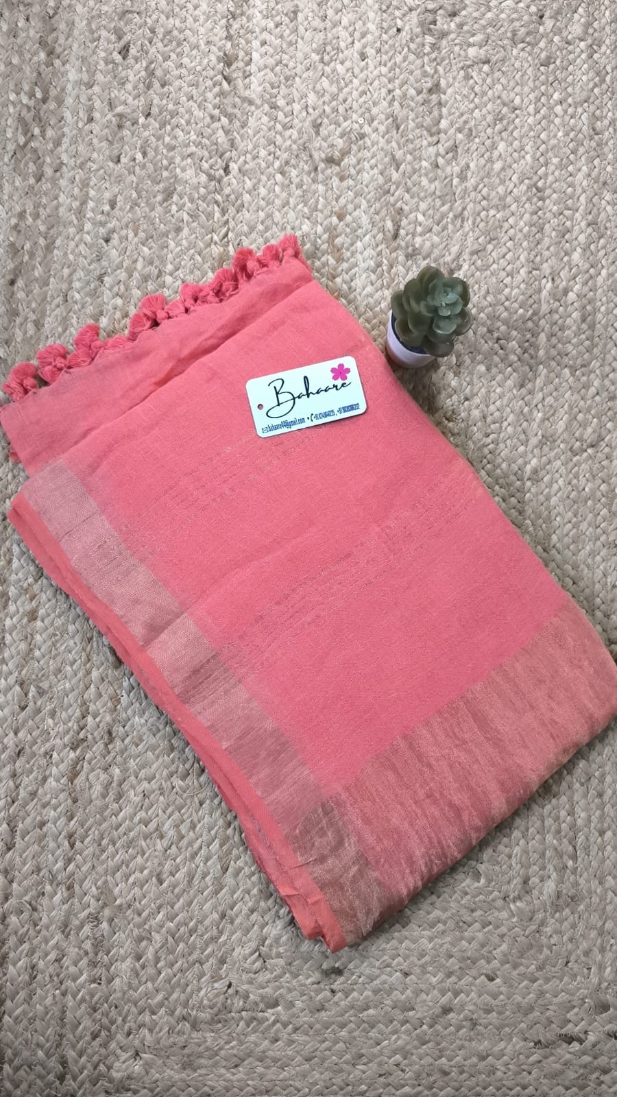 Woodland Whispers | Peach Pink Linen Saree with Silver Zari Border