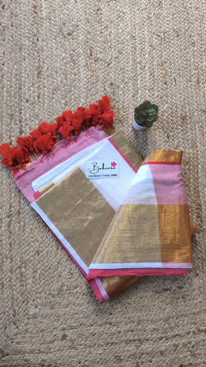 Mohini | White Red Mul Mul Cotton Saree with Golden Zari Border