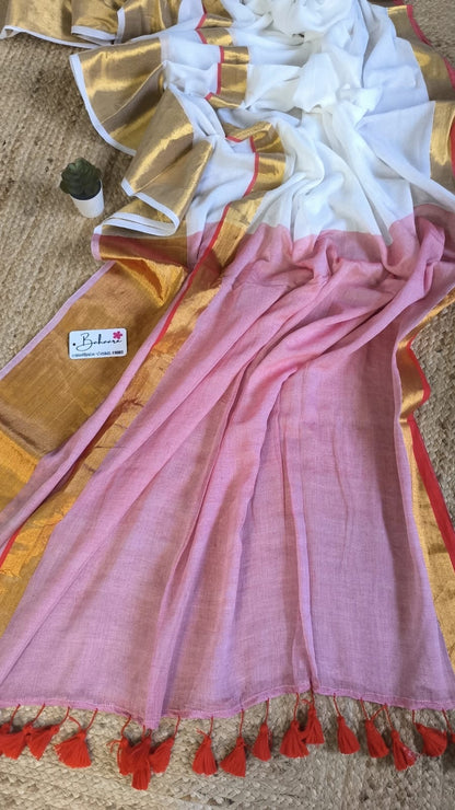 Mohini | White Red Mul Mul Cotton Saree with Golden Zari Border