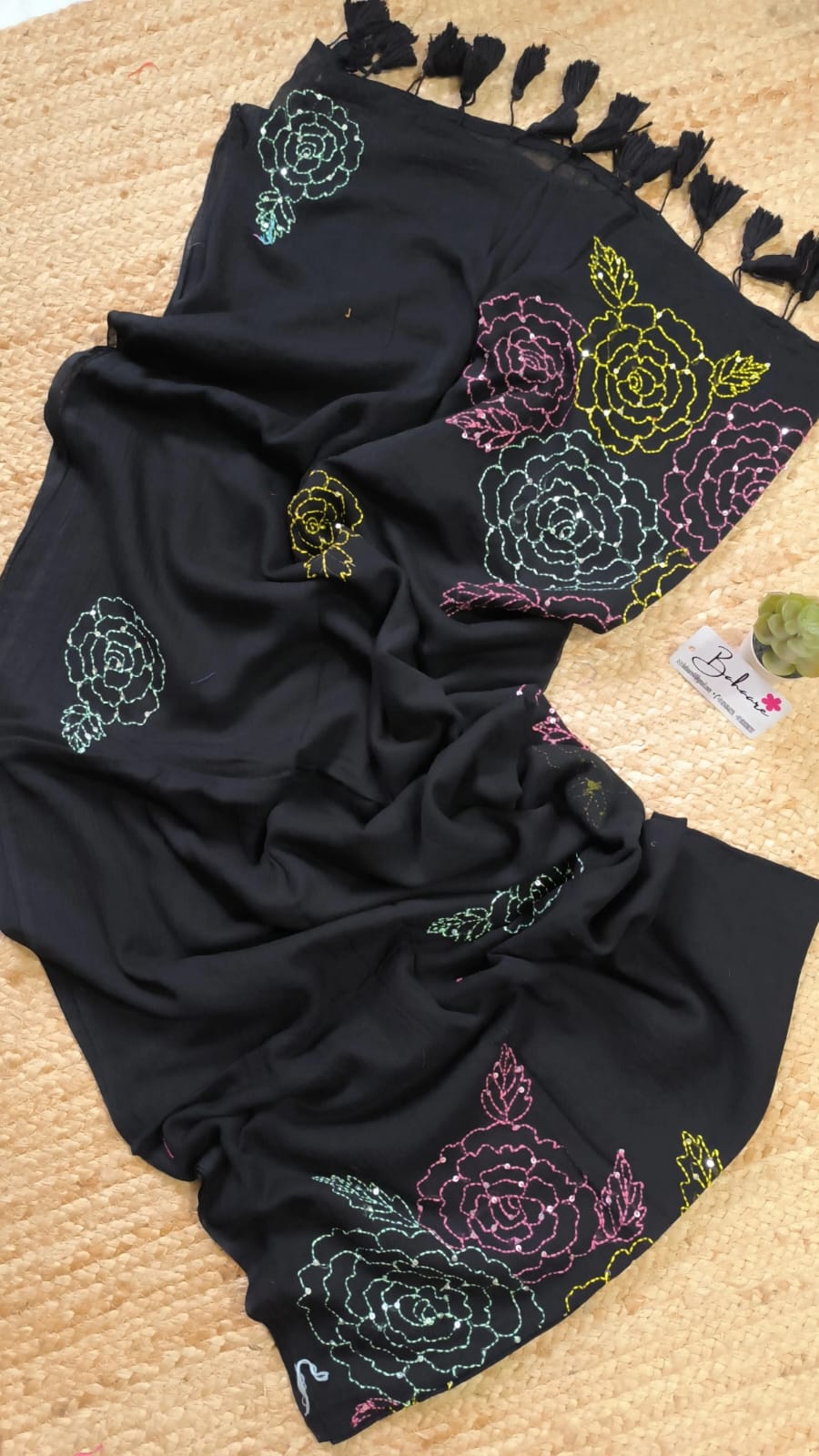 Mohini | Black Mul Mul Cotton Saree with Kantha Hand Embroidery