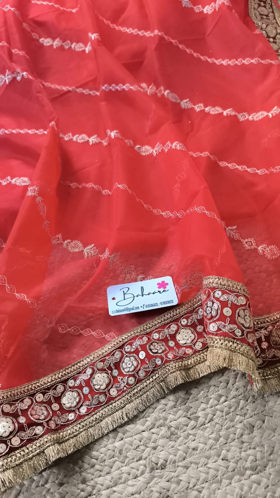 Lace Symphony | Vermilion Red Tissue Organza Saree with Tissue Lace