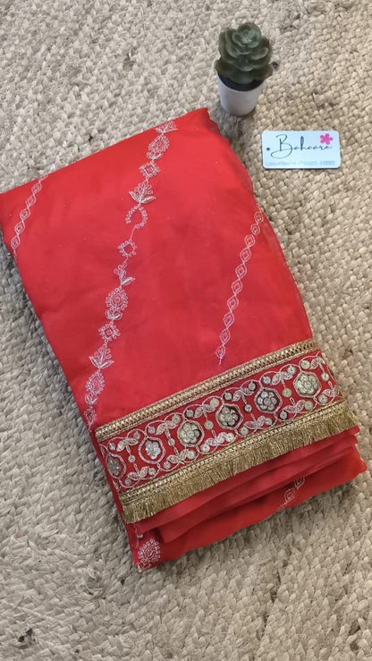 Lace Symphony | Vermilion Red Tissue Organza Saree with Tissue Lace