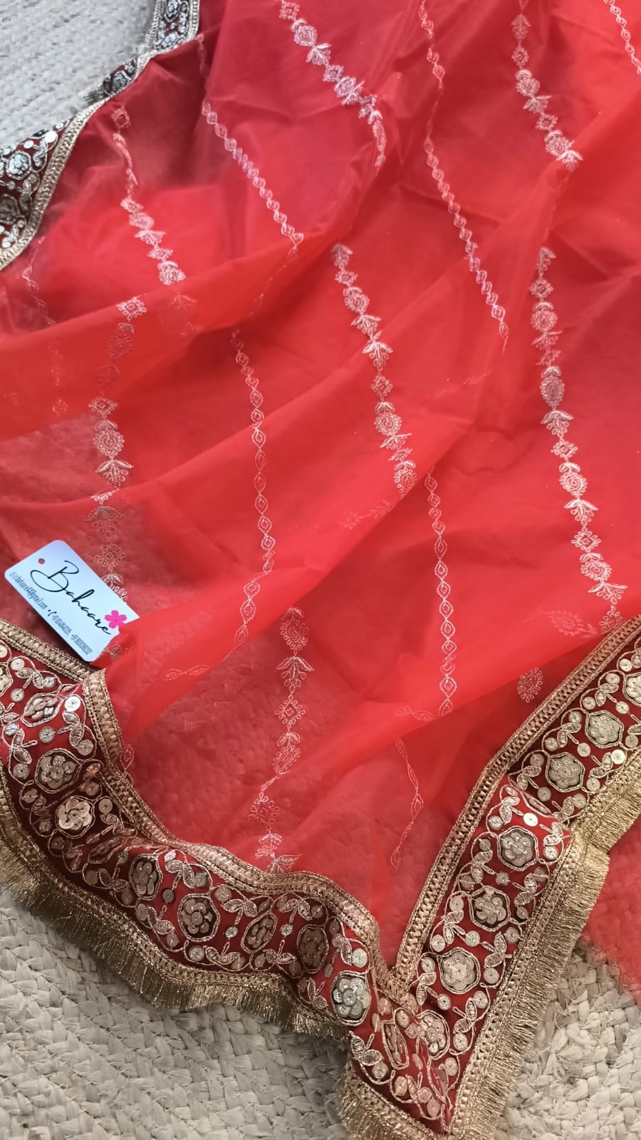 Lace Symphony | Vermilion Red Tissue Organza Saree with Tissue Lace