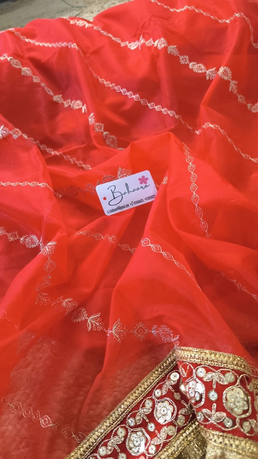 Lace Symphony | Vermilion Red Tissue Organza Saree with Tissue Lace