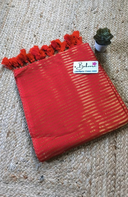 Mohini | Red Mul Mul Cotton Saree with Golden Zari Stripe