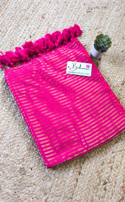 Mohini | Hot Pink Mul Mul Cotton Saree with Golden Zari Stripe