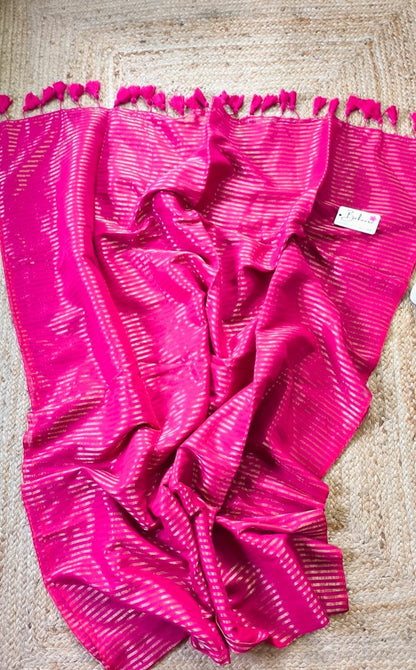 Mohini | Hot Pink Mul Mul Cotton Saree with Golden Zari Stripe