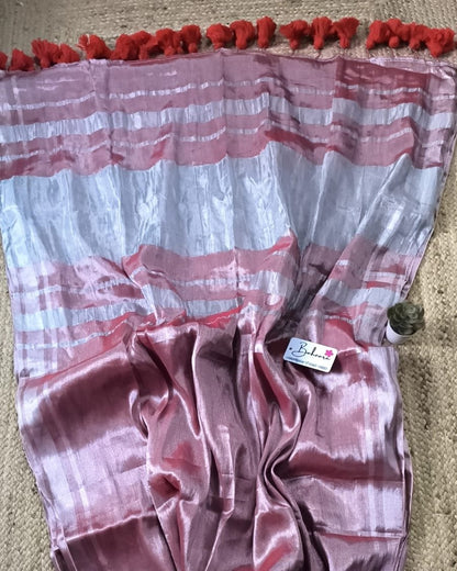 Megha | Coral Pink Tissue Saree with Silver Zari