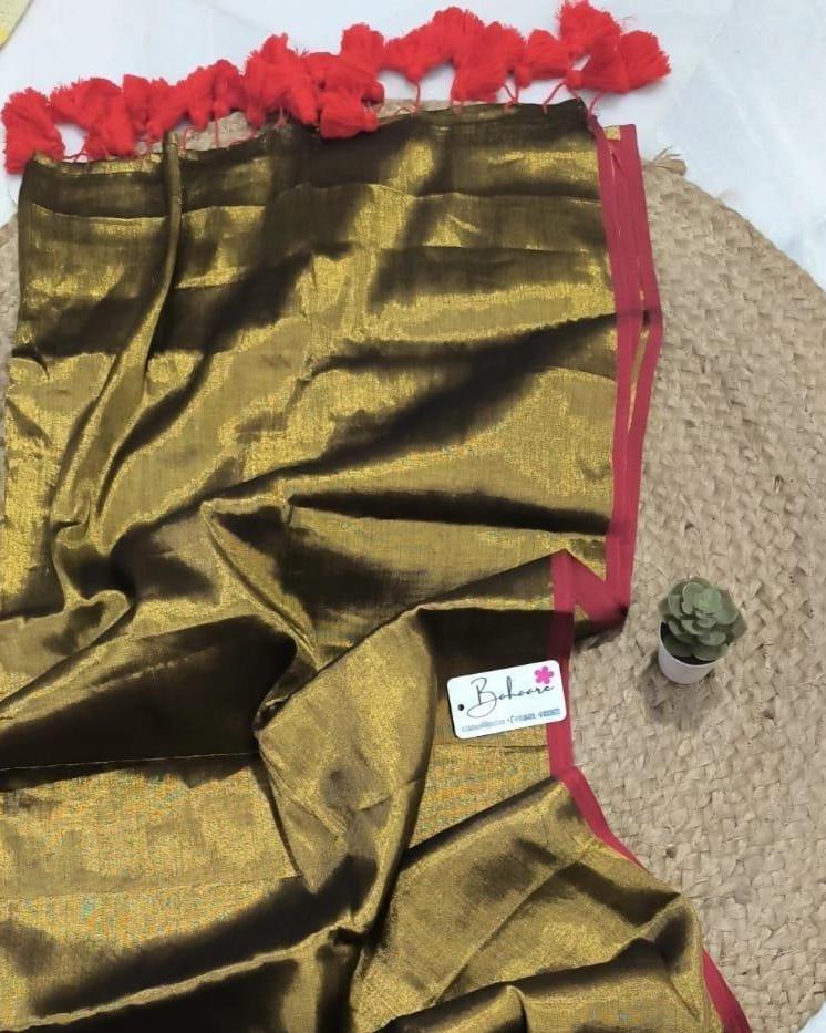 Chandni | Antique Gold Tissue Saree with Red Border