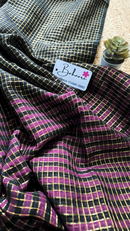 Magenta Black Mul Mul Cotton Saree with Check Zari Stripe