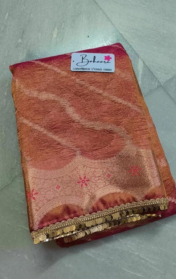 Lace Symphony | Peach Pink Crushed Tissue Saree