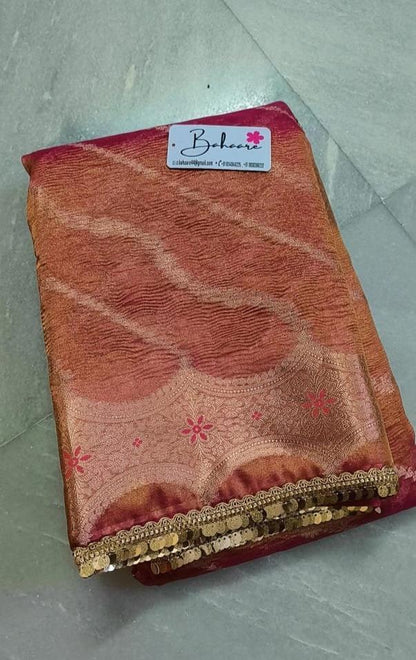 Lace Symphony | Peach Pink Crushed Tissue Saree