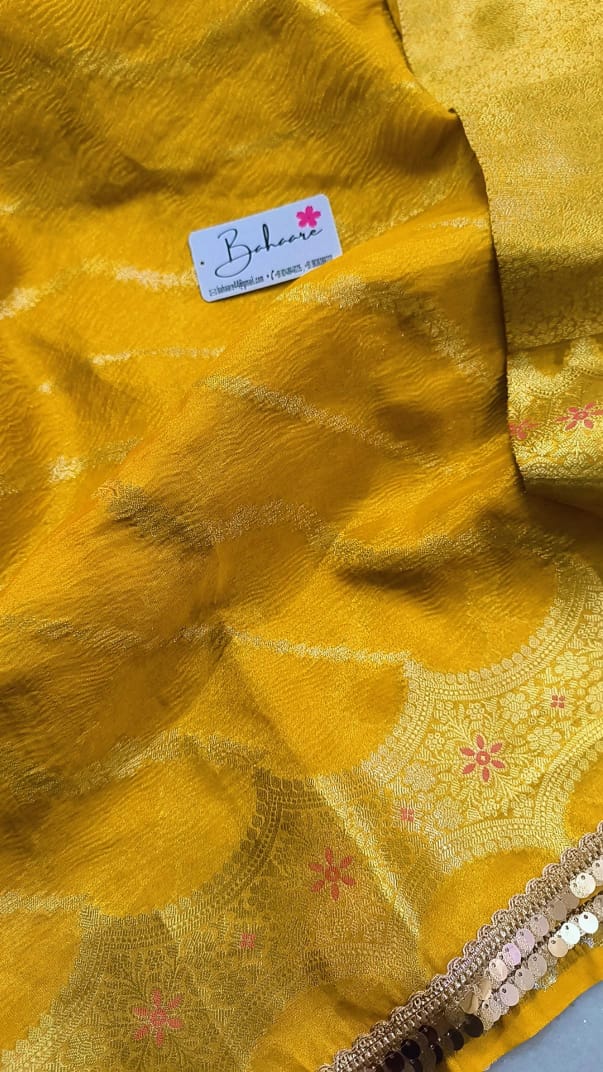 Lace Symphony | Yellow Orange Hue Crushed Tissue Saree