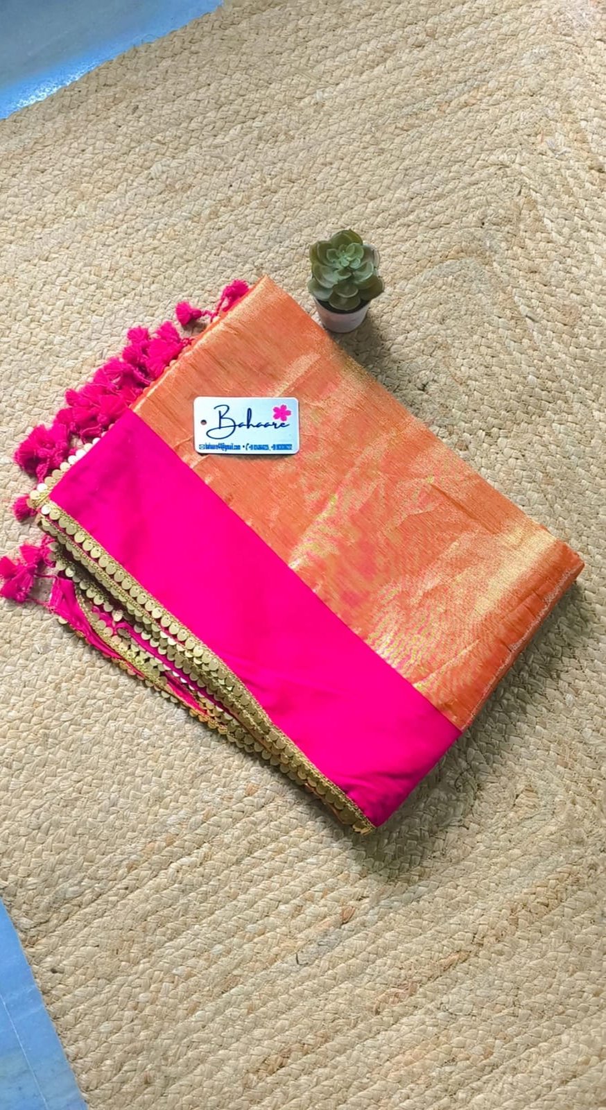 Megha | Golden Orange Tissue Saree with Rani Pink Border