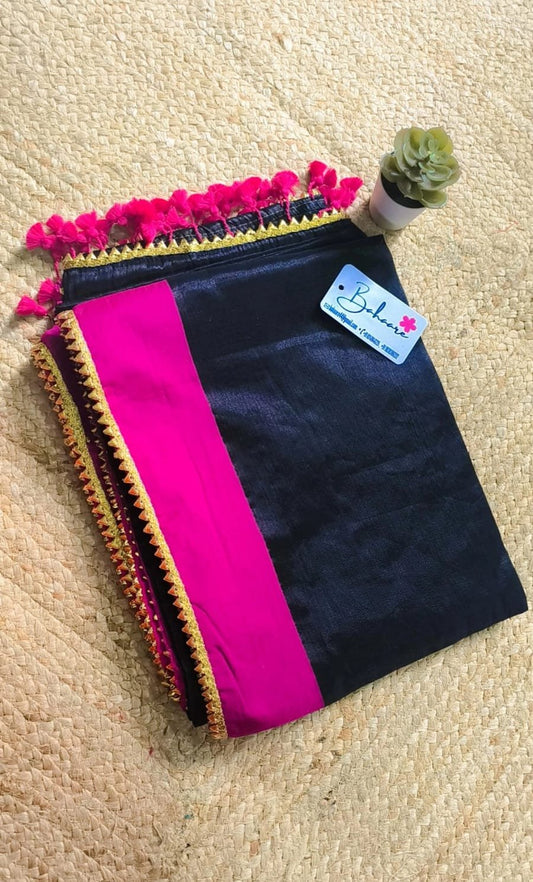 Megha | Charcoal Black Tissue Saree with Rani Pink Border