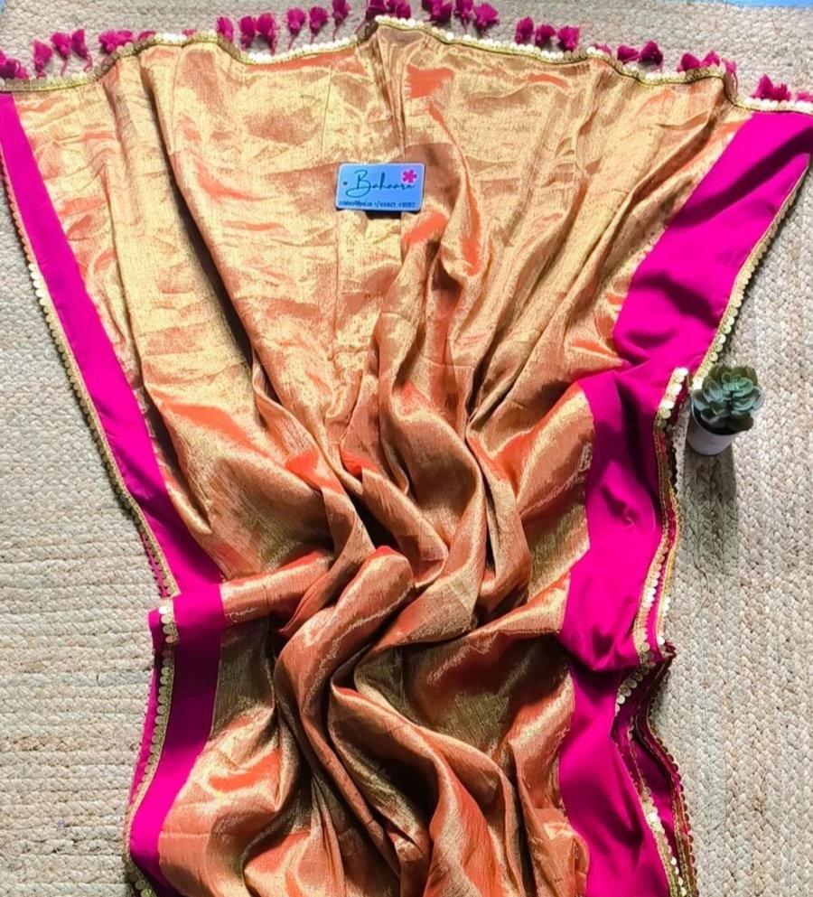 Megha | Golden Orange Tissue Saree with Rani Pink Border