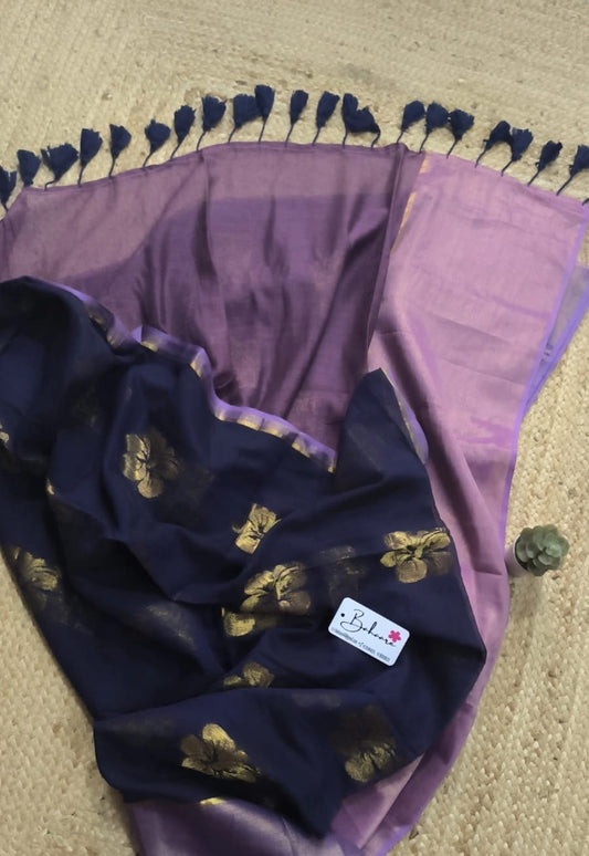 Noor | Denim Blue Mul Mul Cotton Saree with Lavender Pallu