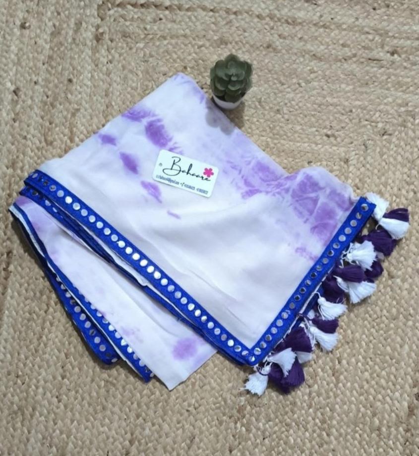 Rangoli | White Purple Shivori Mul Mul Cotton Saree with Mirror Lace