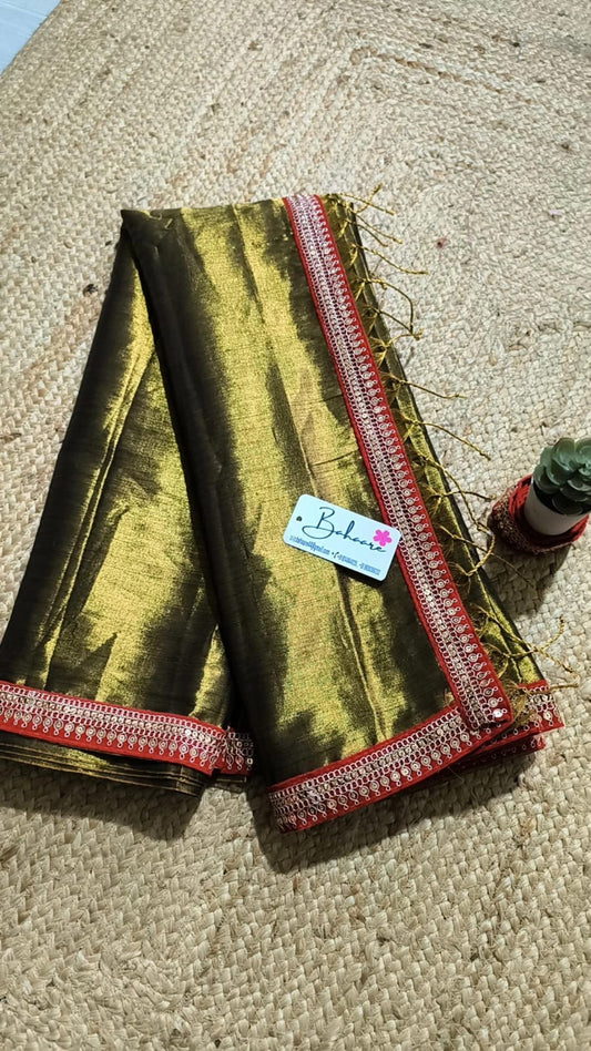 Chandni | Golden Brown Tissue Saree with Red Zari Lace