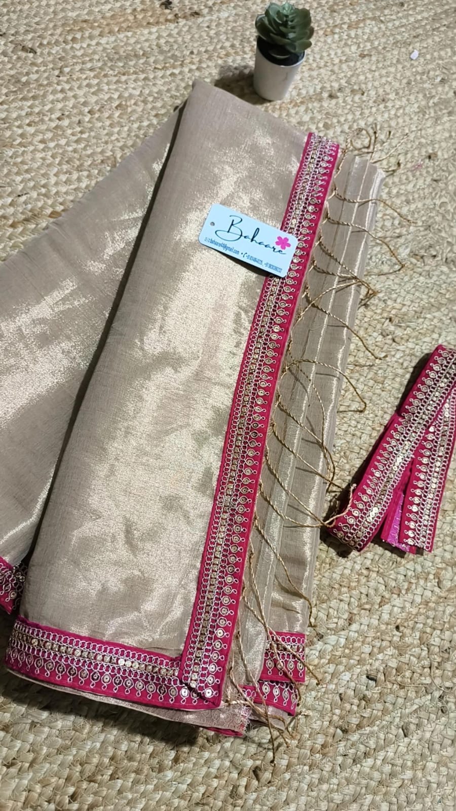 Lace Symphony | White Gold Tissue Saree with Rani Pink Zari Lace