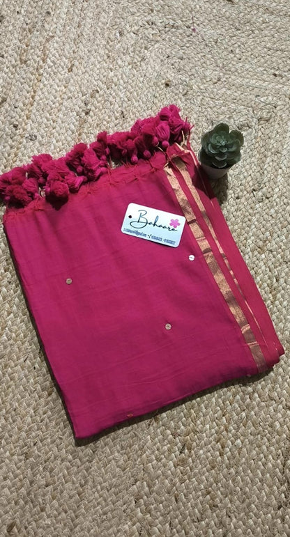 Shimmering Starlight | Rani Pink Mul Mul Cotton Saree