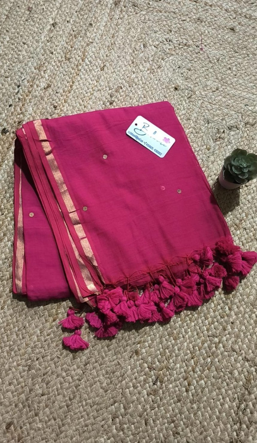 Shimmering Starlight | Rani Pink Mul Mul Cotton Saree