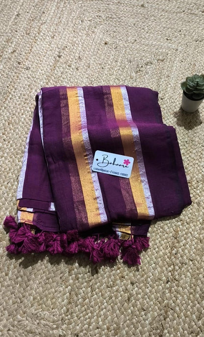 Mohini | Dark Magenta Mul Mul Cotton Saree with Horizontal Stripe