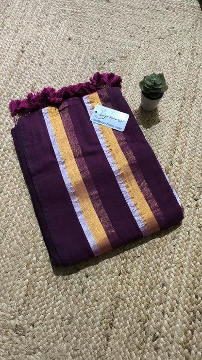 Mohini | Dark Magenta Mul Mul Cotton Saree with Horizontal Stripe