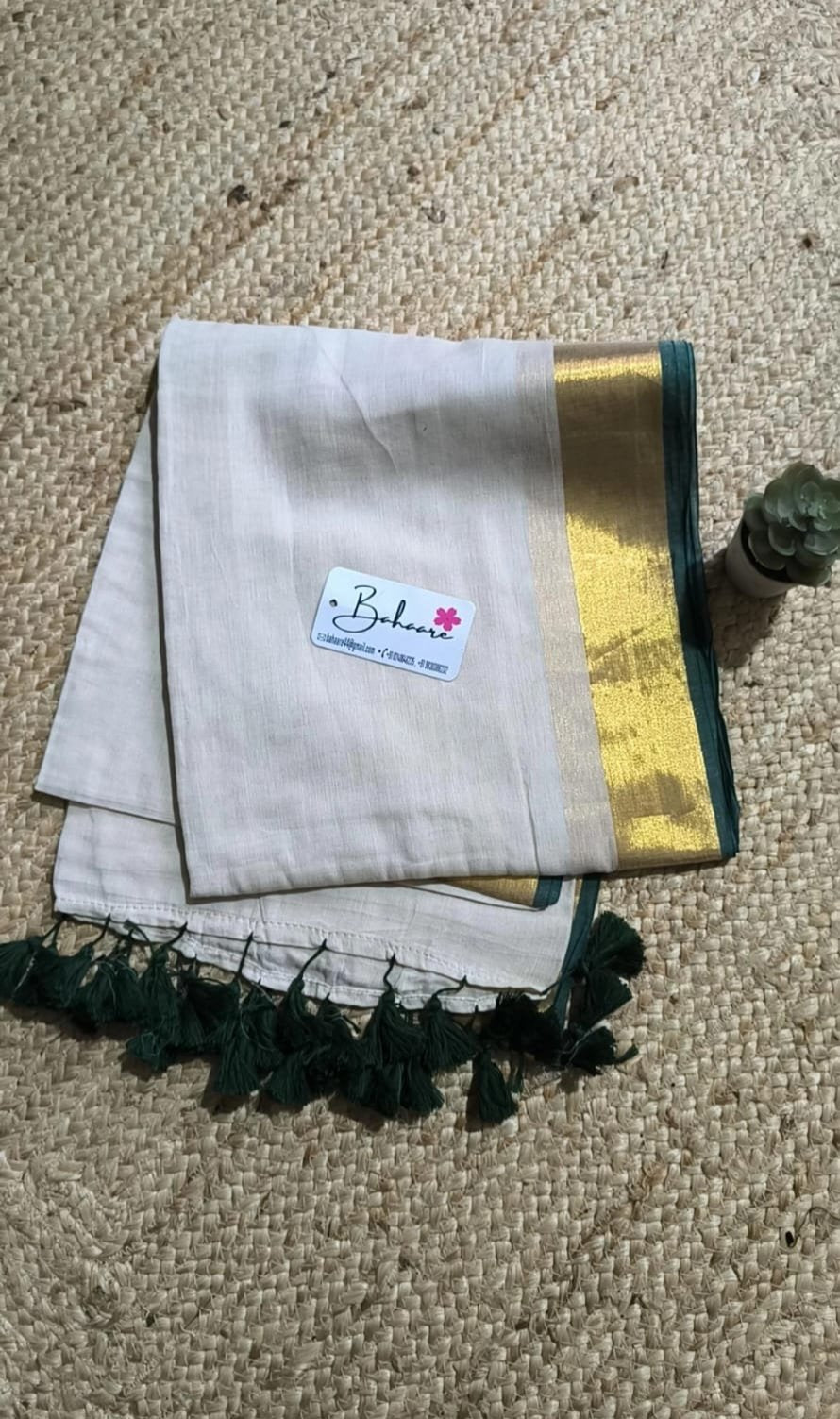 Mohini | Light Beige Mul Mul Cotton Saree with Golden Green Tissue Border