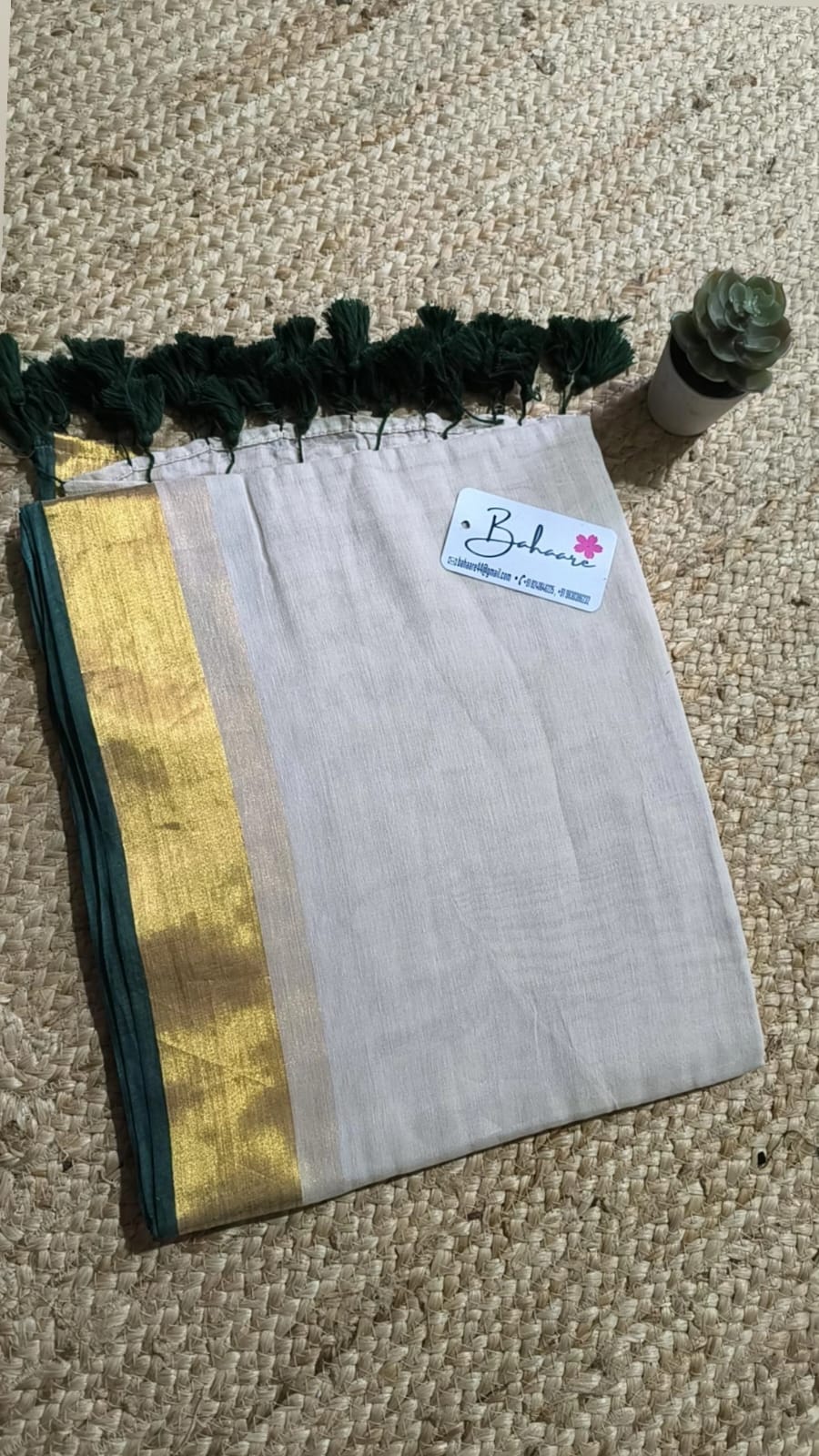 Mohini | Light Beige Mul Mul Cotton Saree with Golden Green Tissue Border