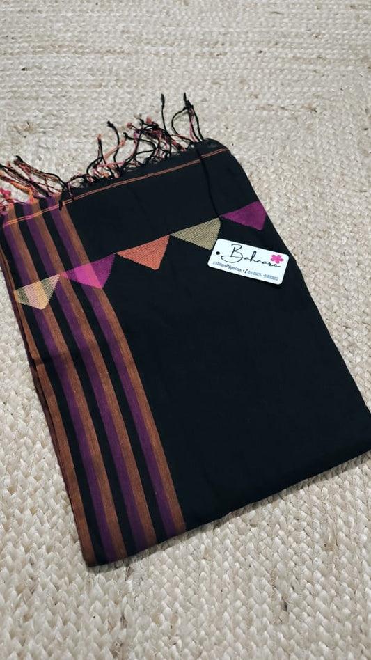 Cotton Galleria | Black Premium Cotton Saree with Colored Stripe