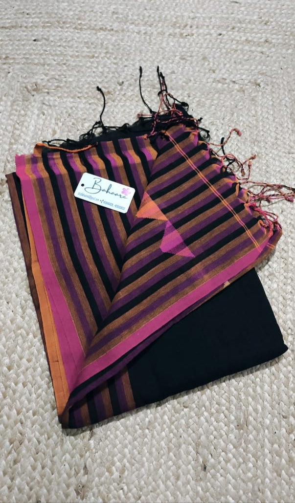 Cotton Galleria | Black Premium Cotton Saree with Colored Stripe