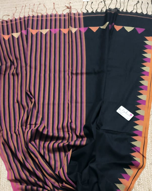 Cotton Galleria | Black Premium Cotton Saree with Colored Stripe