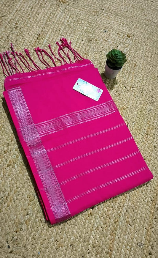 Cotton Galleria | Raspberry Pink Maheshwari Cotton Saree with Zari Border