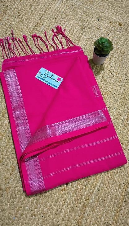 Cotton Galleria | Raspberry Pink Maheshwari Cotton Saree with Zari Border