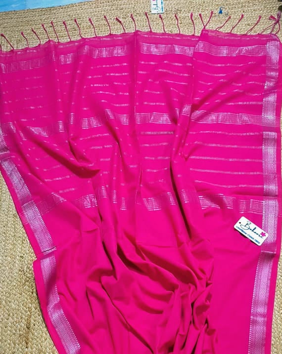 Cotton Galleria | Raspberry Pink Maheshwari Cotton Saree with Zari Border