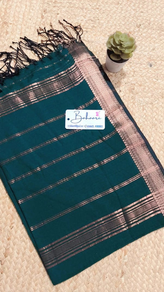 Cotton Galleria | Emerald Green Maheshwari Cotton Saree with Zari Border