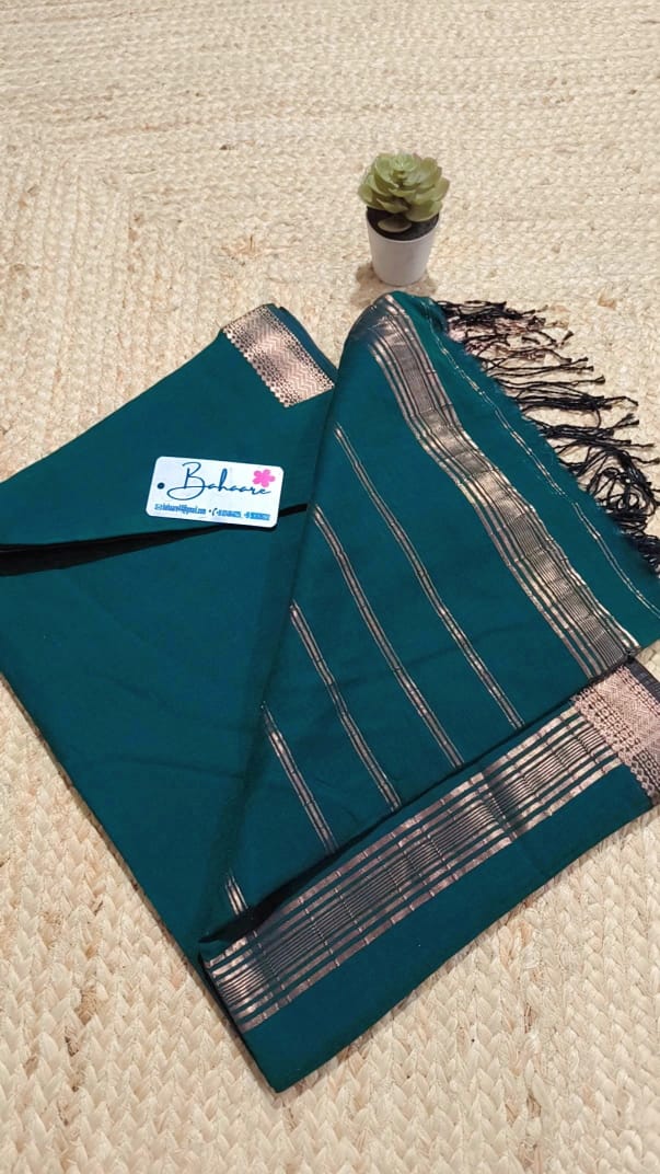 Cotton Galleria | Emerald Green Maheshwari Cotton Saree with Zari Border