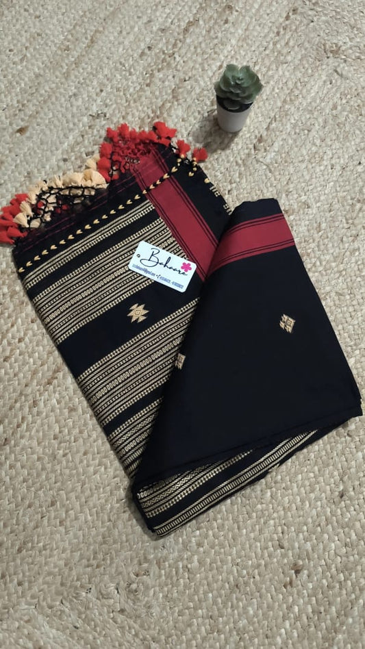 Cotton Galleria | Black Premium Bengal Cotton Bhujodi Saree with Designer Pallu