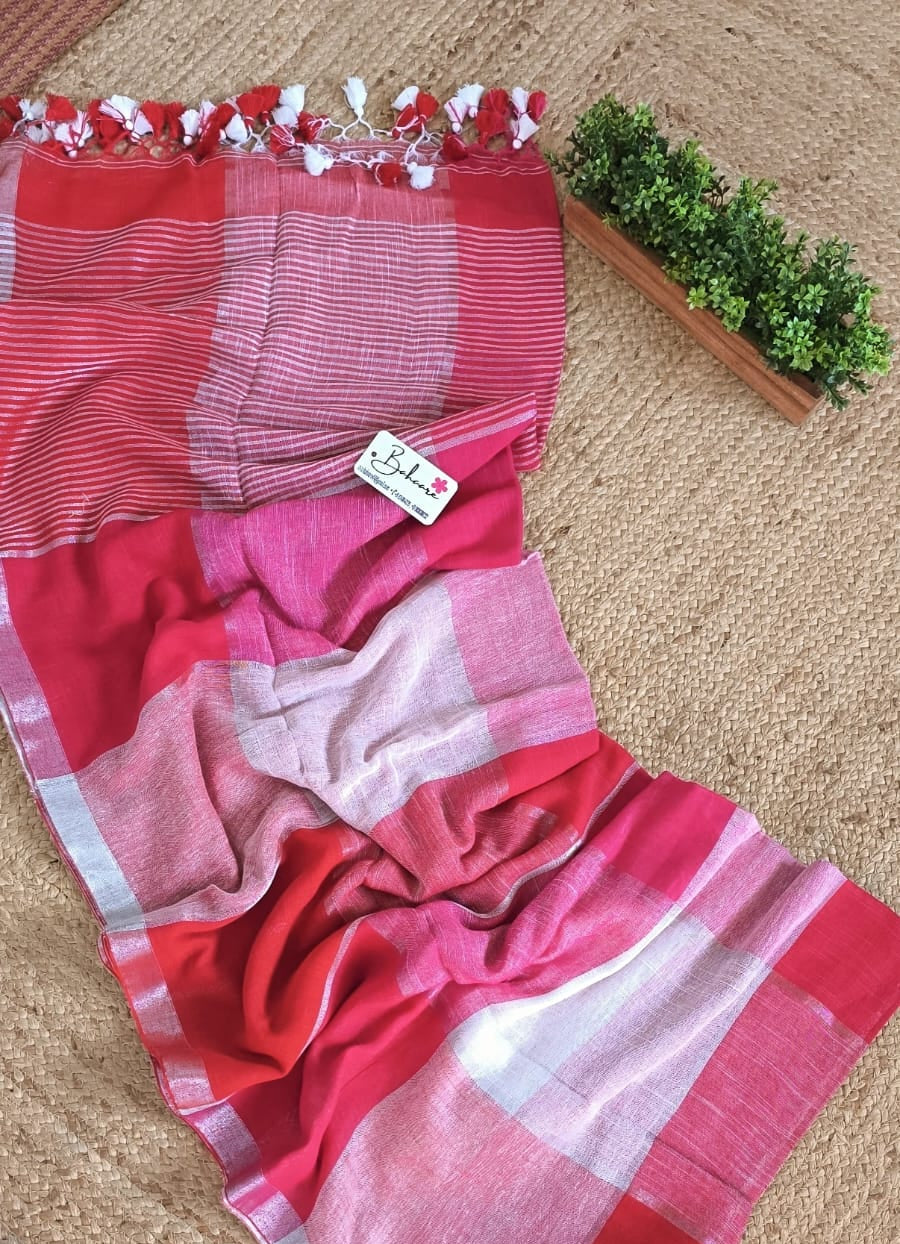 Woodland Whispers | Red White Box Linen Saree with Silver Zari Border