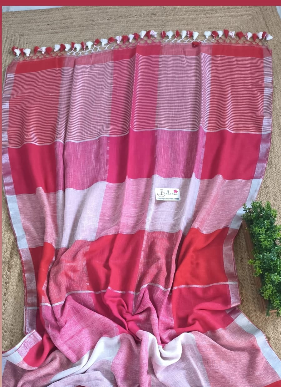 Woodland Whispers | Red White Box Linen Saree with Silver Zari Border