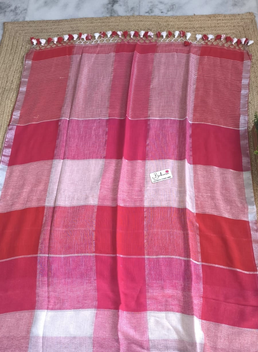 Woodland Whispers | Red White Box Linen Saree with Silver Zari Border